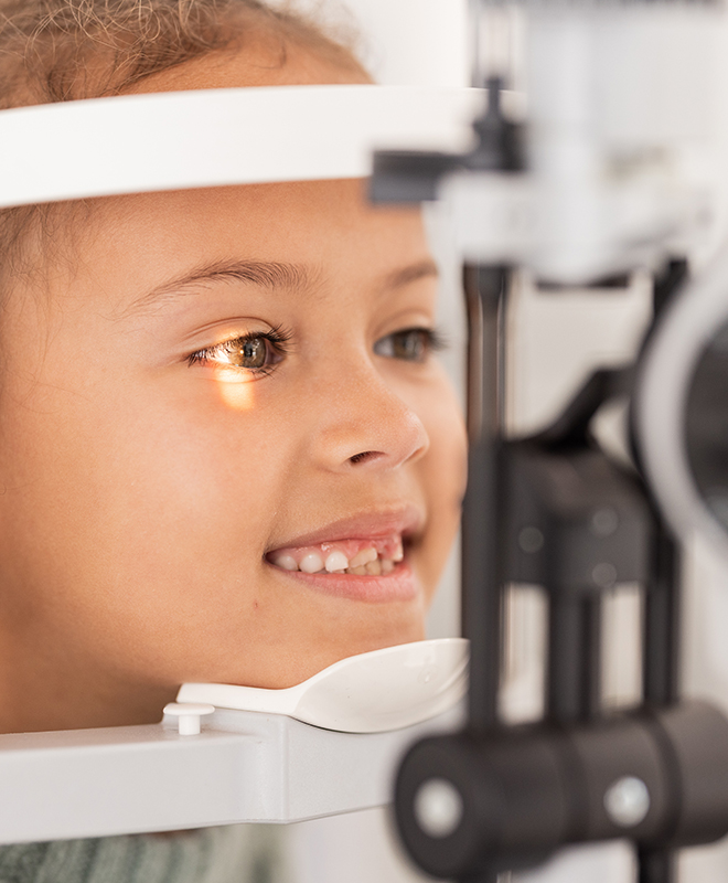 Vision, test and girl for eye exam in the optometrist office with equipment for glasses